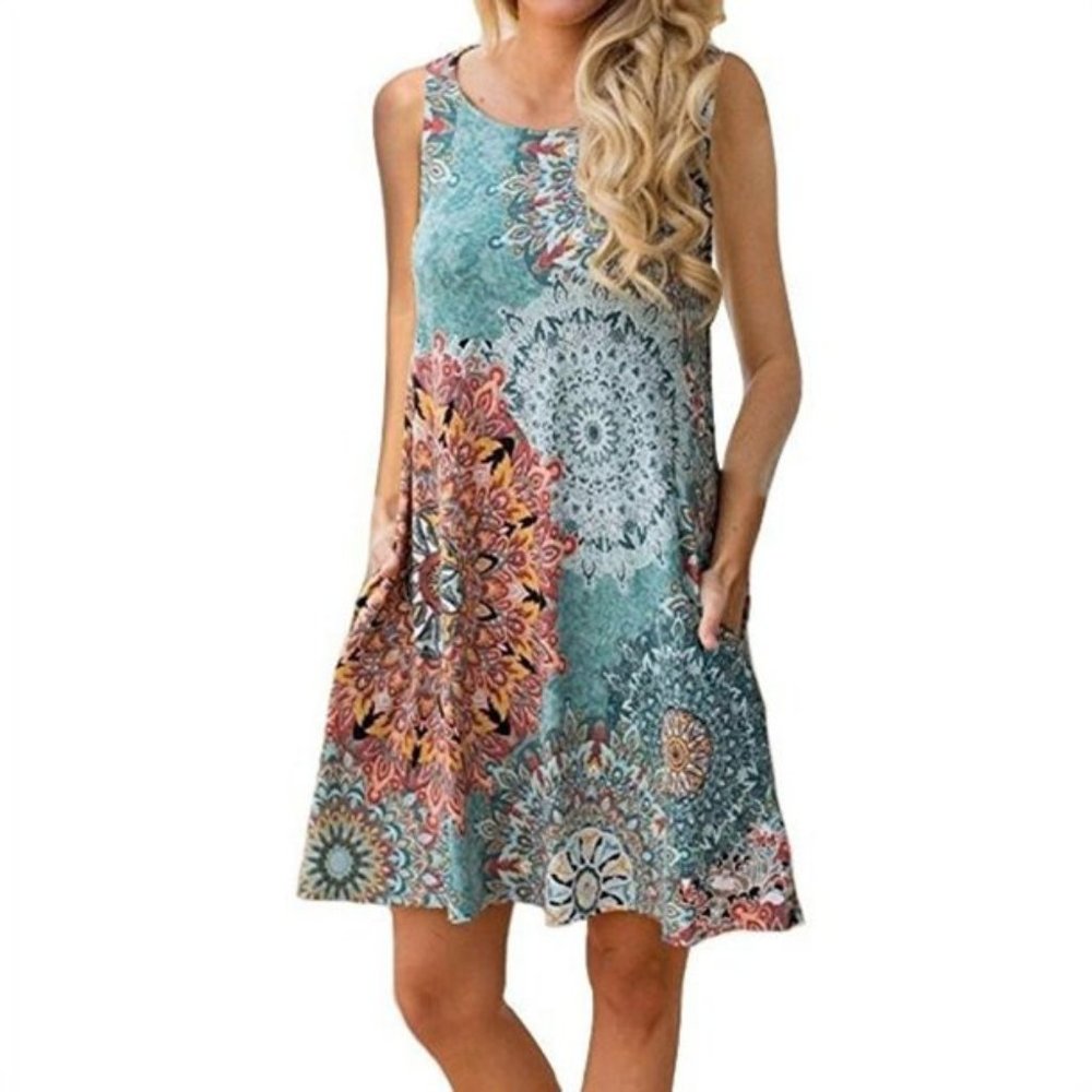 Women Fashion Sleeveless O-neck Print Casual Loose Mini Dress Summer Party Dress